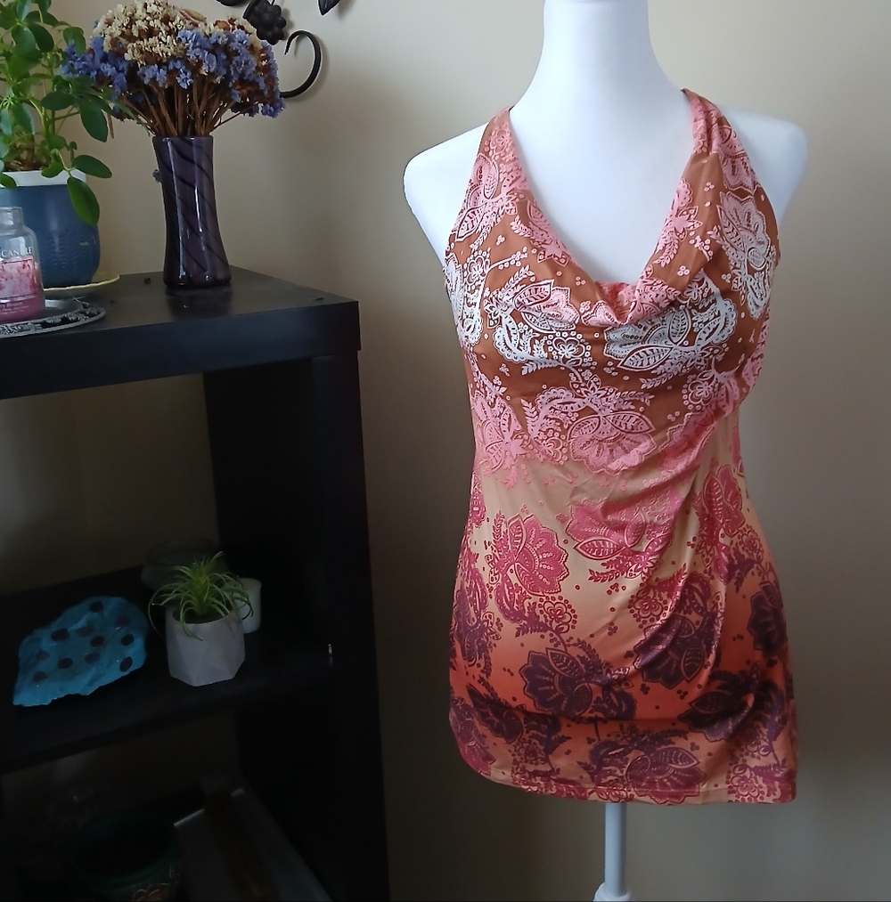 Women’s Pink Orange Halter Cowl Neck Tank Top